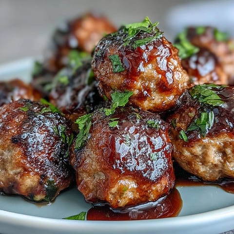 Baked lean turkey meatballs coated in a glossy teriyaki glaze, served with vibrant grilled pineapple and bell pepper skewers for a fresh twist.  