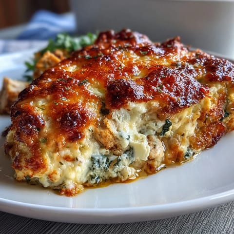 Keto spinach artichoke chicken bake with creamy cheese topping and golden crust in baking dish.