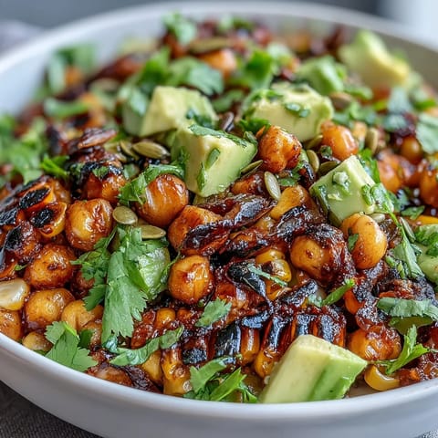 A vibrant bowl of Vegan Chili Lime Street Corn Salad with Chickpeas, combining sweet corn, red bell pepper, and smoky chili seasoning for a fresh summer side.
