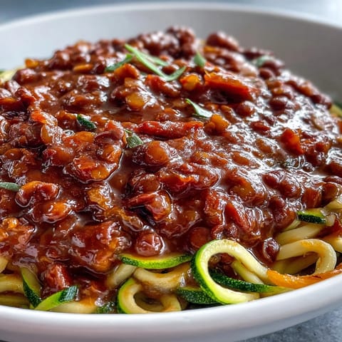 Hearty vegan lentil Bolognese served over fresh spiralized zucchini and carrots with aromatic herbs and spices.  