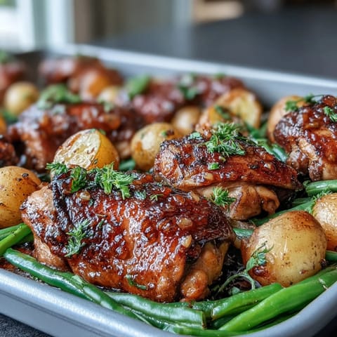 Juicy honey garlic glazed chicken thighs with roasted baby potatoes and green beans on a sheet pan.  