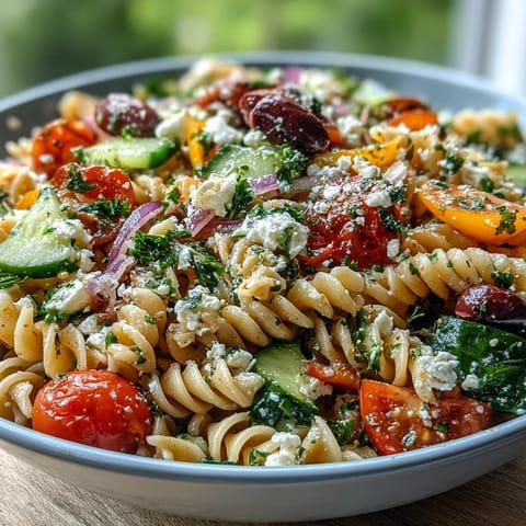 Colorful Greek pasta salad with whole grain fusilli, fresh vegetables, and light feta in a zesty lemon dressing.  
