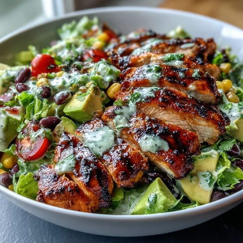 A hearty Southwest Chicken Power Salad featuring juicy grilled chicken, creamy avocado, and crunchy vegetables, tossed with black beans and corn in a tangy lime dressing.