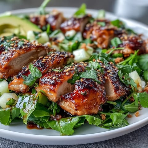Grilled chicken marinated in green tea and mango served over crisp greens with sesame seeds for crunch.