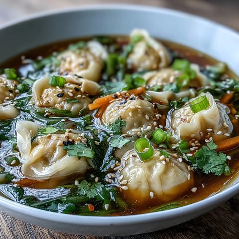 Trader Joes Dumpling Soup in a steaming bowl, garnished with fresh scallions and sesame seeds for added flavor and crunch.