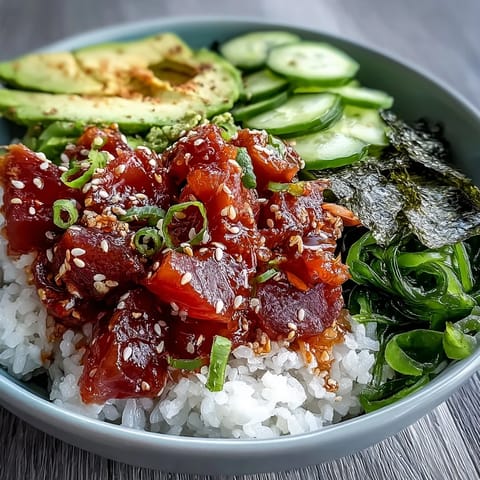 Spicy tuna poke bowl with marinated sushi-grade tuna, creamy avocado, crisp cucumber, and seaweed salad on sushi rice.  