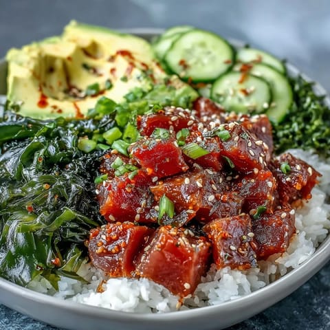 Vibrant Hawaiian-style spicy tuna poke bowl featuring fresh avocado, crunchy cucumber, and edamame over seasoned sushi rice.  