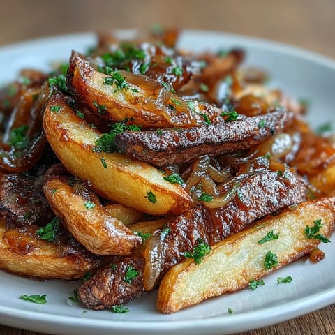 Crispy golden steak fries tossed with rich caramelized onion and garlic butter for a savory side dish.