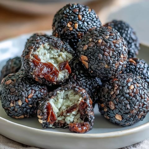 Black sesame energy balls with toasted seeds and oats, perfect for healthy snacking.  