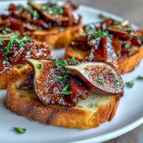 Delicious crostini appetizer featuring golden baguette slices layered with prosciutto, fresh figs, and a drizzle of honey.