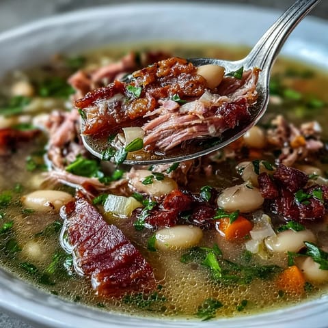 Hearty ham hock and bean soup with soft vegetables and shredded pork, accompanied by a side of freshly baked, crumbly cornbread.  