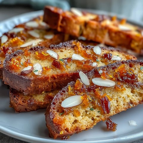 A plate of golden candied orange biscotti with visible orange peel pieces, perfect for coffee dipping.