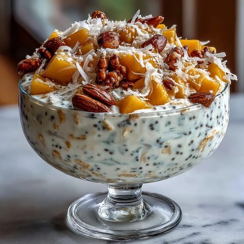 Tropical overnight oats topped with fresh mango and shredded coconut in a glass jar.  