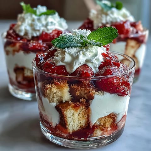 Layered strawberry shortcake trifle featuring golden shortcake cubes, macerated berries, and dreamy whipped cream for a festive dessert.