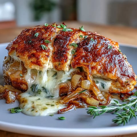 French Onion Stuffed Chicken Breasts with caramelized onions and melted Gruyère cheese, served hot from the oven in a cast-iron skillet.
