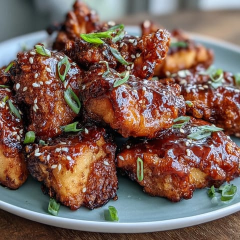 Crispy air-fried Korean chicken glazed in spicy-sweet gochujang sauce, garnished with sesame seeds and green onions.  