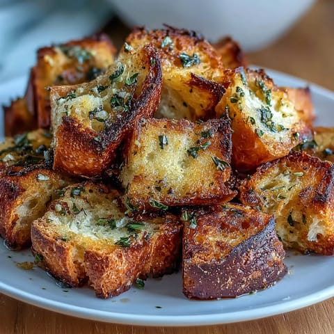 Fragrant garlic and Italian herb sourdough croutons, air-fried until golden and irresistibly crunchy for soups or snacks.  