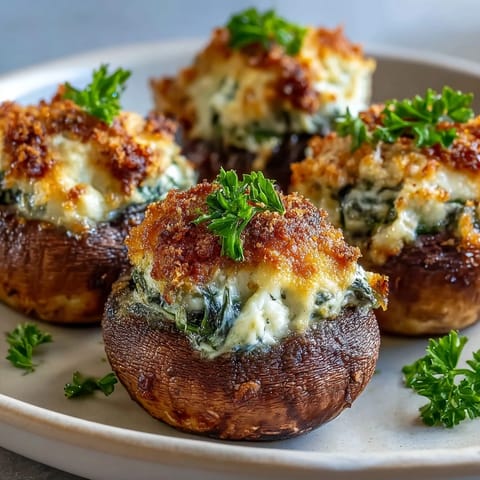 Creamy spinach and cheese stuffed mushrooms crisped to golden perfection in the air fryer, a savory vegetarian appetizer perfect for parties.  