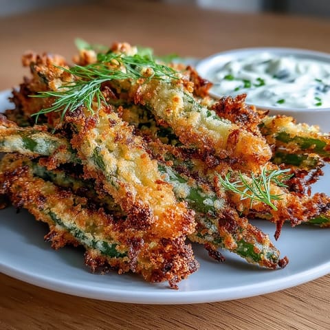 Crispy air fryer green bean fries coated in Parmesan panko, served with creamy ranch yogurt dip.  