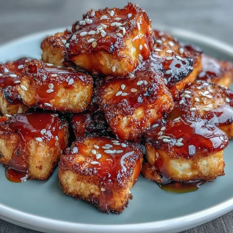 Golden brown tofu bites coated in cornstarch and spices, then tossed with tangy sweet chili sauce for bold flavor.  