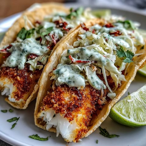 Golden air-fried fish strips in warm tortillas topped with vibrant cabbage slaw and zesty lime crema.  