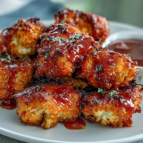 Golden-brown cauliflower florets tossed in tangy Buffalo sauce, served hot and ready to enjoy.  