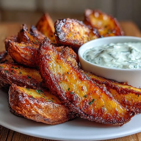 Hot and crunchy potato wedges straight from the air fryer, paired with a tangy, herby spring onion dip for dipping.  