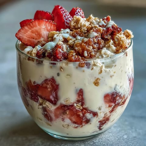 Strawberry shortcake overnight oats with vanilla yogurt in a glass jar, topped with fresh strawberries and crunchy granola.