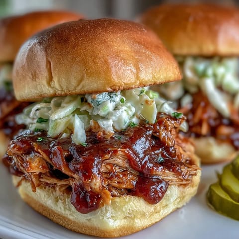 BBQ Baby Shower Pulled Chicken Sliders piled high on soft buns, topped with tangy slaw and pickles for a crowd-pleasing bite.  