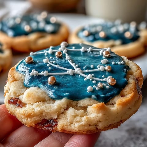 Pisces constellation sugar cookies decorated with royal icing and edible gold stars on a dark blue night sky background.