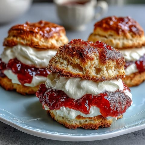 1. Delicate thumbprint cookies with clotted cream and strawberry jam, golden edges and soft centers.