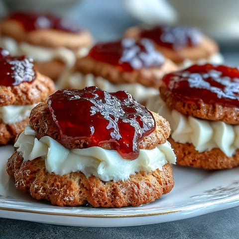 2. Buttery British-style thumbprint cookies filled with rich clotted cream and vibrant strawberry jam.