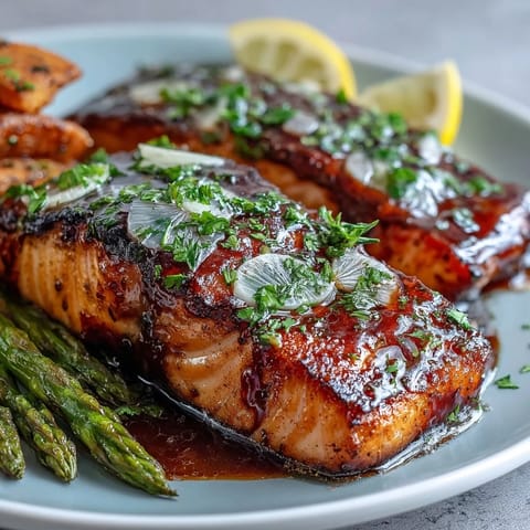 Garlic Butter Salmon with Asparagus, a vibrant dish with tender fillets and crisp green spears drizzled in rich, aromatic sauce.