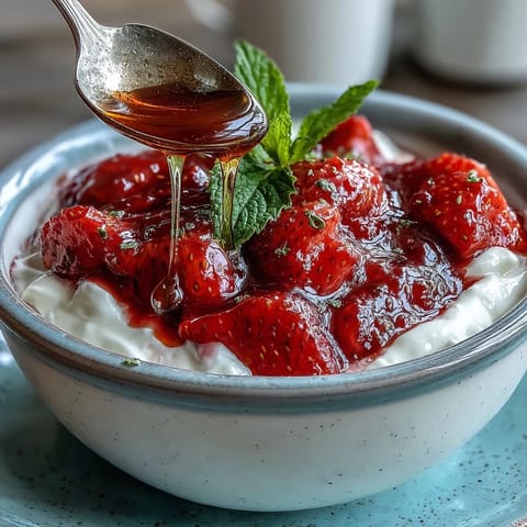 Creamy Greek yogurt bowl topped with fresh strawberry compote, crunchy nuts, and a drizzle of golden honey.  