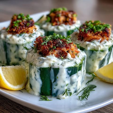 Elegant appetizer: creamy dill-infused cheese spread over fresh cucumber slices, finished with smoked salmon and capers.