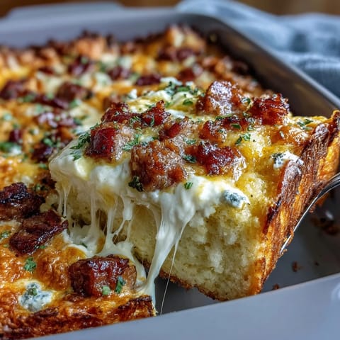 Overnight Amish Breakfast Casserole for a Crowd with sausage, eggs, and cheese in a golden baked dish.