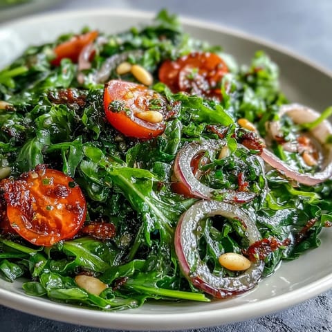 Vibrant dandelion greens salad with lemon vinaigrette and Parmesan, tossed with cherry tomatoes and pine nuts for a fresh Mediterranean side.  