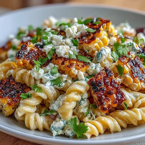 Creamy Mexican Street Corn Pasta Salad with charred corn and cotija cheese in a tangy lime dressing.