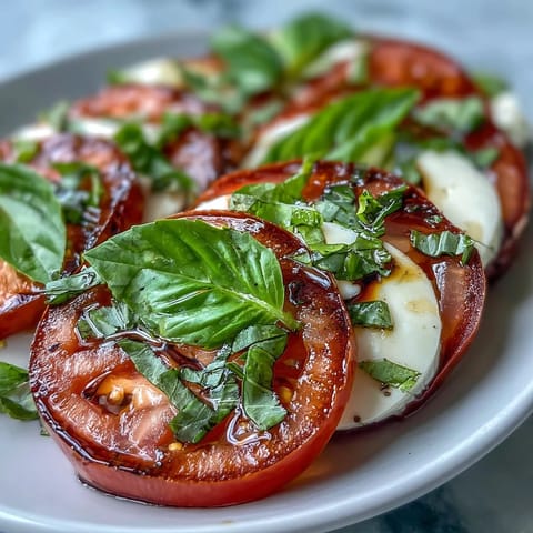 Caprese Salad with Basil Oil Drizzle: Vibrant layers of ripe tomatoes, creamy mozzarella, and fresh basil drizzled with fragrant homemade basil oil.