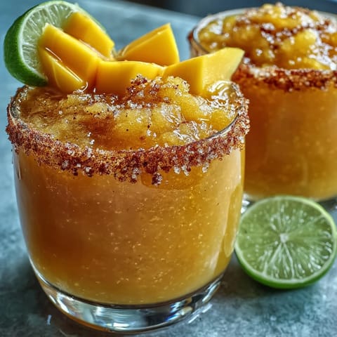 Vibrant frozen mango margarita mocktail with citrus and spice, served in a salt-rimmed glass with fresh lime and mango garnish.