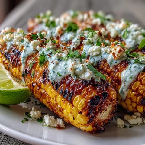 Grilled corn on the cob with creamy sauce, Cotija cheese, and chili powder—classic Mexican street food elote.