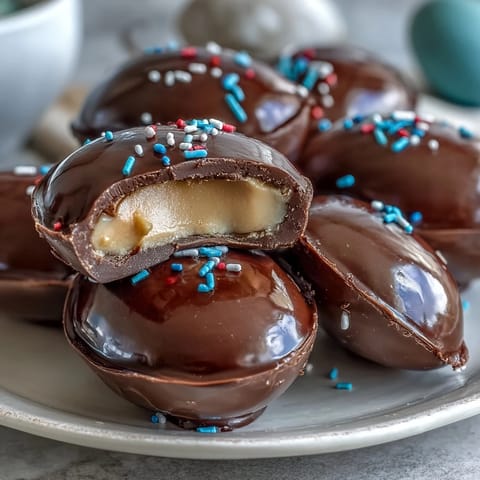 Homemade peanut butter Easter eggs dipped in smooth chocolate, decorated with colorful sprinkles for a festive spring treat.