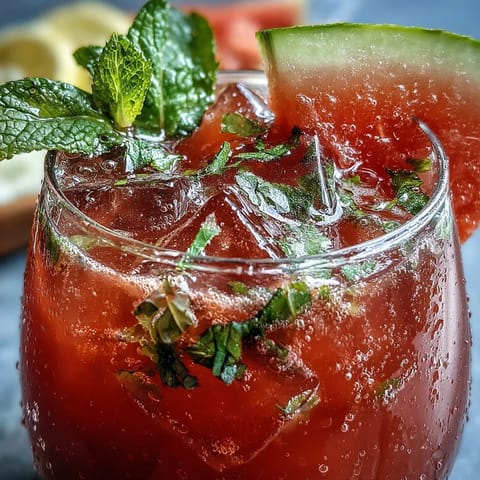 Refreshing watermelon mint lemonade in a clear glass with ice, garnished with fresh mint and lemon slices.