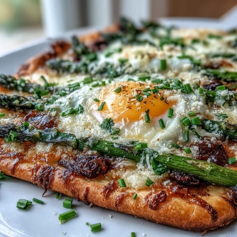 A golden flatbread baked with fresh asparagus spears, a cracked egg, and melted parmesan for an elegant vegetarian meal.