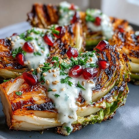 Smoky grilled cabbage wedges drizzled with creamy tahini sauce and topped with fresh parsley and ruby-red pomegranate seeds.  