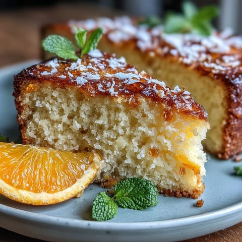 A vibrant whole orange cake with golden crust, dusted with powdered sugar and served on a rustic plate.  