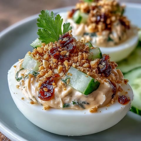 Creamy Thai Peanut Deviled Eggs topped with zesty cucumber relish, garnished with cilantro and a sriracha drizzle for extra heat.