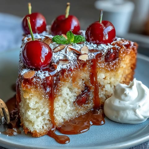 A golden cherry almond upside-down cake with caramelized fruit topping, perfect for dessert or teatime.