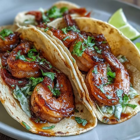 Juicy honey garlic shrimp tacos with crisp cabbage slaw and creamy lime crema in warm tortillas.  