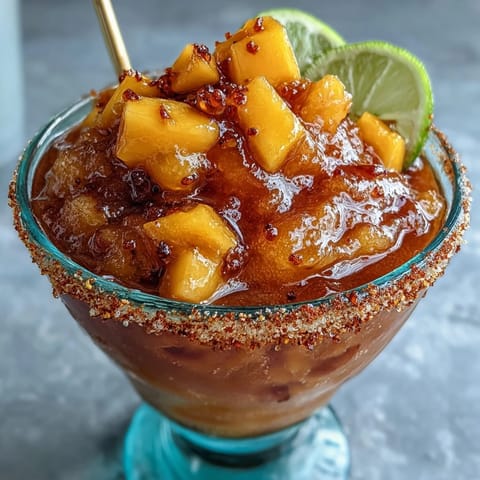 A vibrant frozen mango mocktail with tangy chamoy and zesty lime, perfect for Cinco de Mayo celebrations.